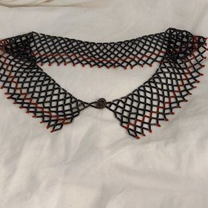 Woven, Netted Necklace, Black with Sienna Accents, RBG Pattern, Antique Button